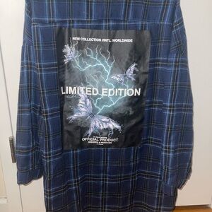 Blue Plaid Button-Up With Back Design Print